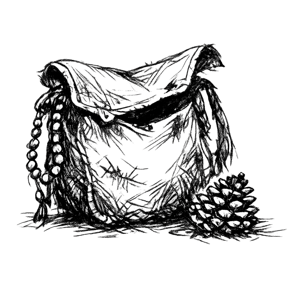 Haversack mark: a battered bag with prayer beads and a pine cone